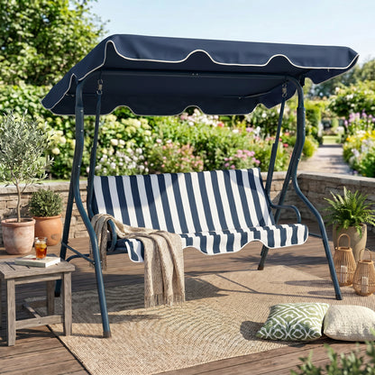 3 Seater Garden Swing Seat Chair Outdoor Bench with Adjustable Canopy and Metal Frame, Blue Stripes