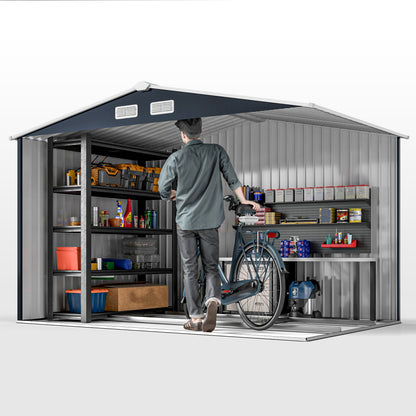 9 x 6ft Metal Bicycle Shed, Outdoor Storage Tool House with Ventilation Slots, Foundation Kit and Lockable Double Doors