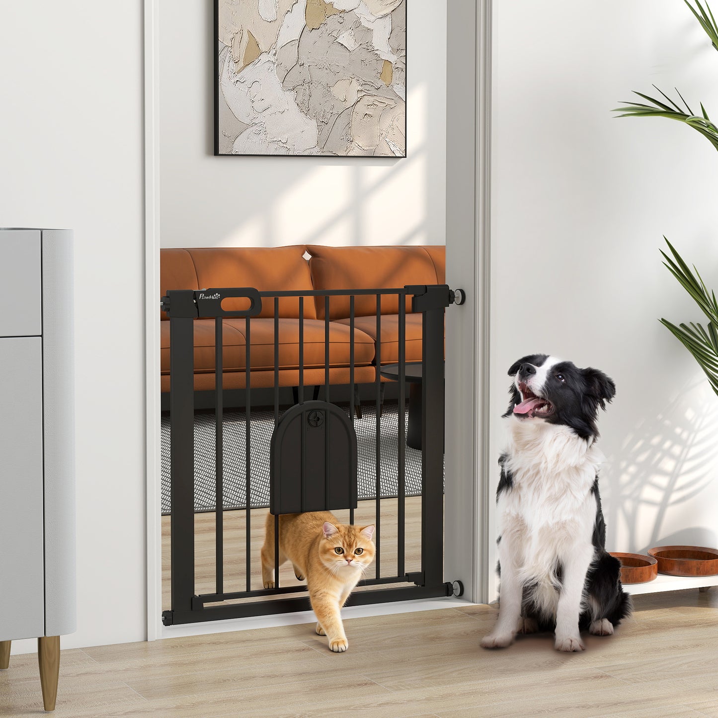Dog Gate with Cat Flap Pet Safety Gate Barrier, Stair Pressure Fit, Auto Close, Double Locking, 75-82 cm Black