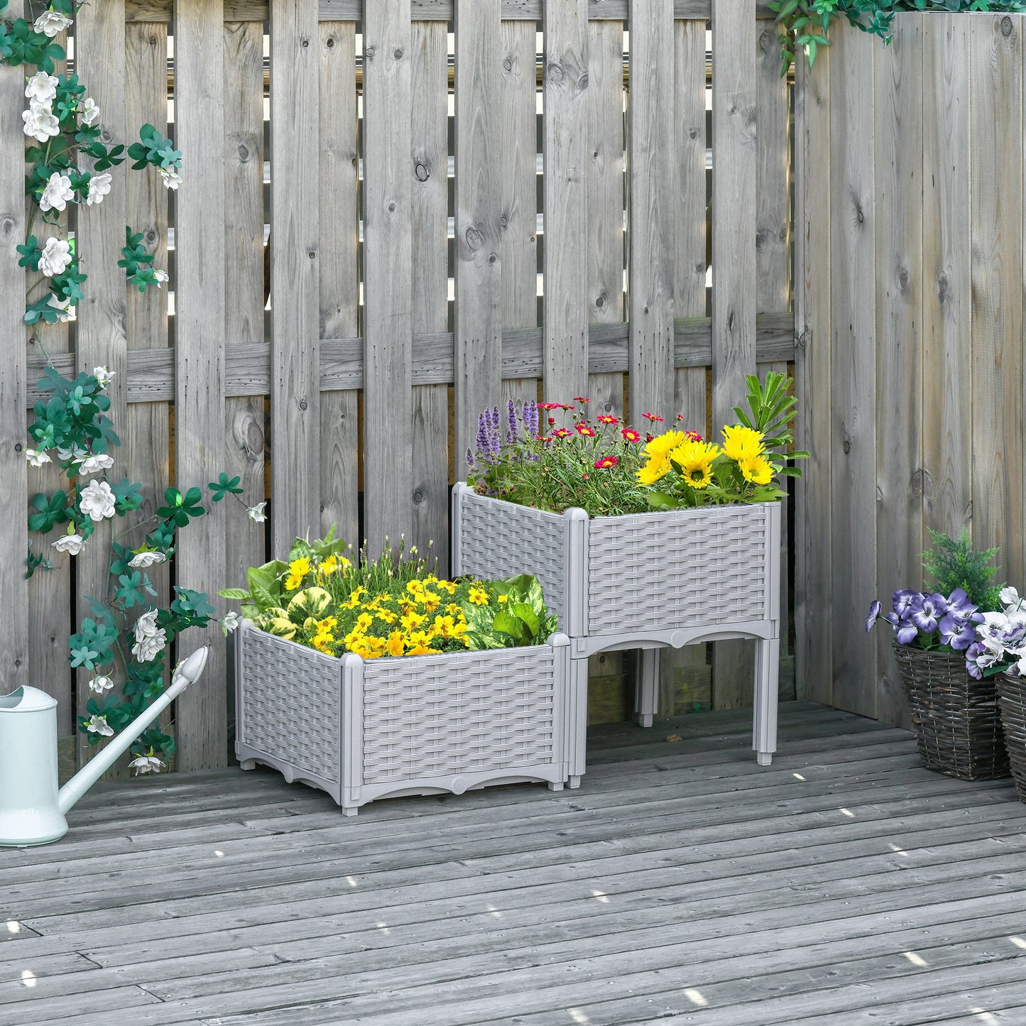 Set of Two Rattan-Effect Planters - Grey