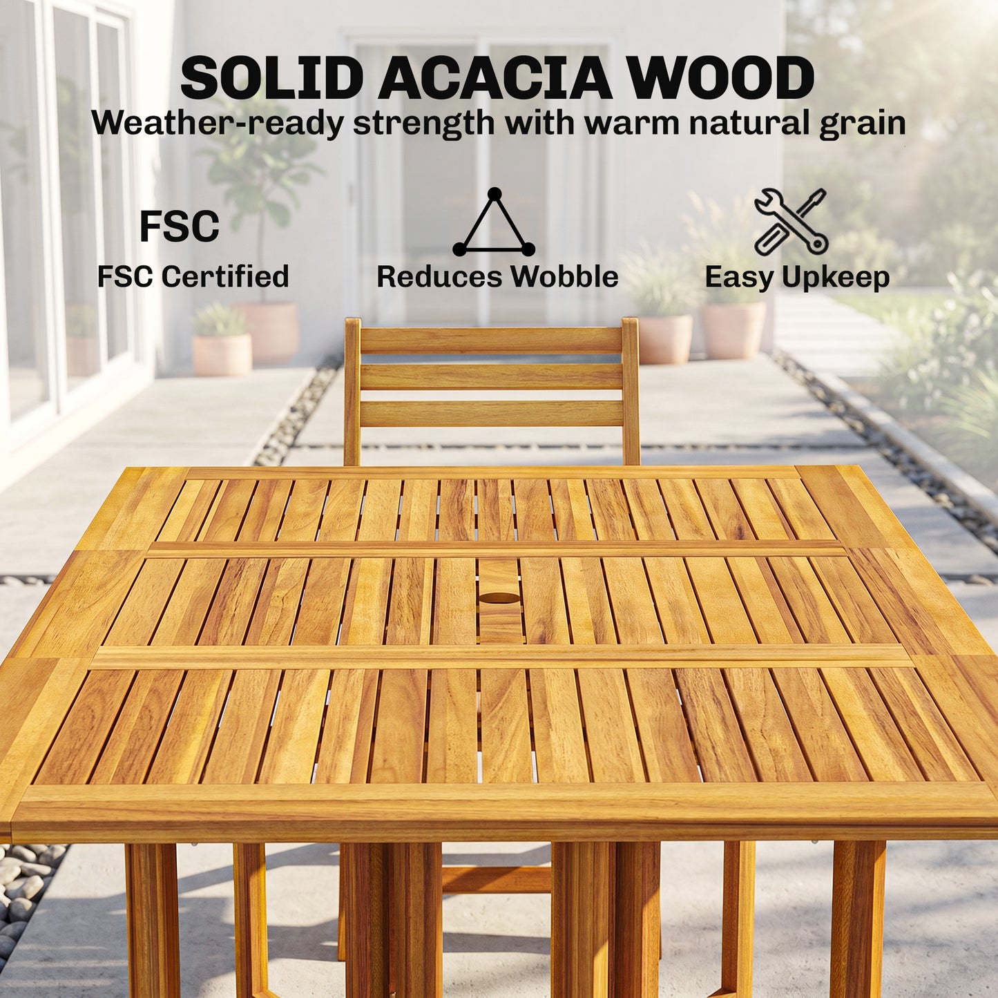7 Pieces Garden Dining Set, Extending Dining Table and 6 Folding Chairs with Umbrella Hole for Patio, Natural Wood