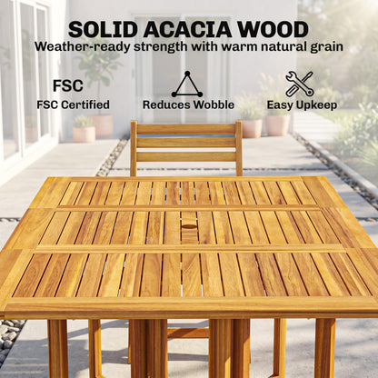 7 Pieces Garden Dining Set, Extending Dining Table and 6 Folding Chairs with Umbrella Hole for Patio, Natural Wood