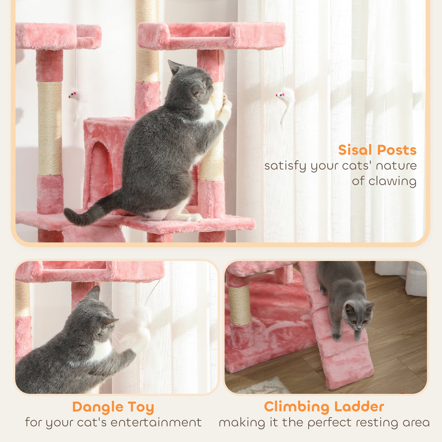173cm Cat Tree Scratching House, Activity Play Centre, Pink