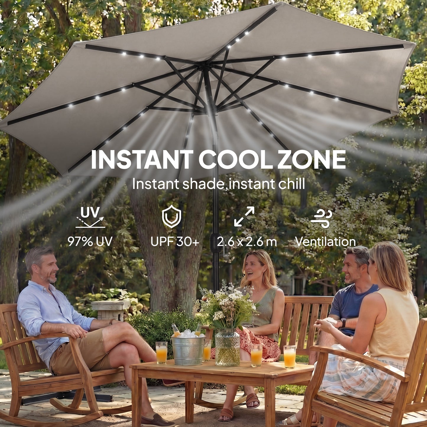 2.6 m Garden Parasol Umbrella with LED Solar Light, Parasol Cover, Outdoor Market Patio Umbrella, Light Grey