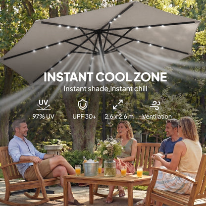 2.6 m Garden Parasol Umbrella with LED Solar Light, Parasol Cover, Outdoor Market Patio Umbrella, Light Grey