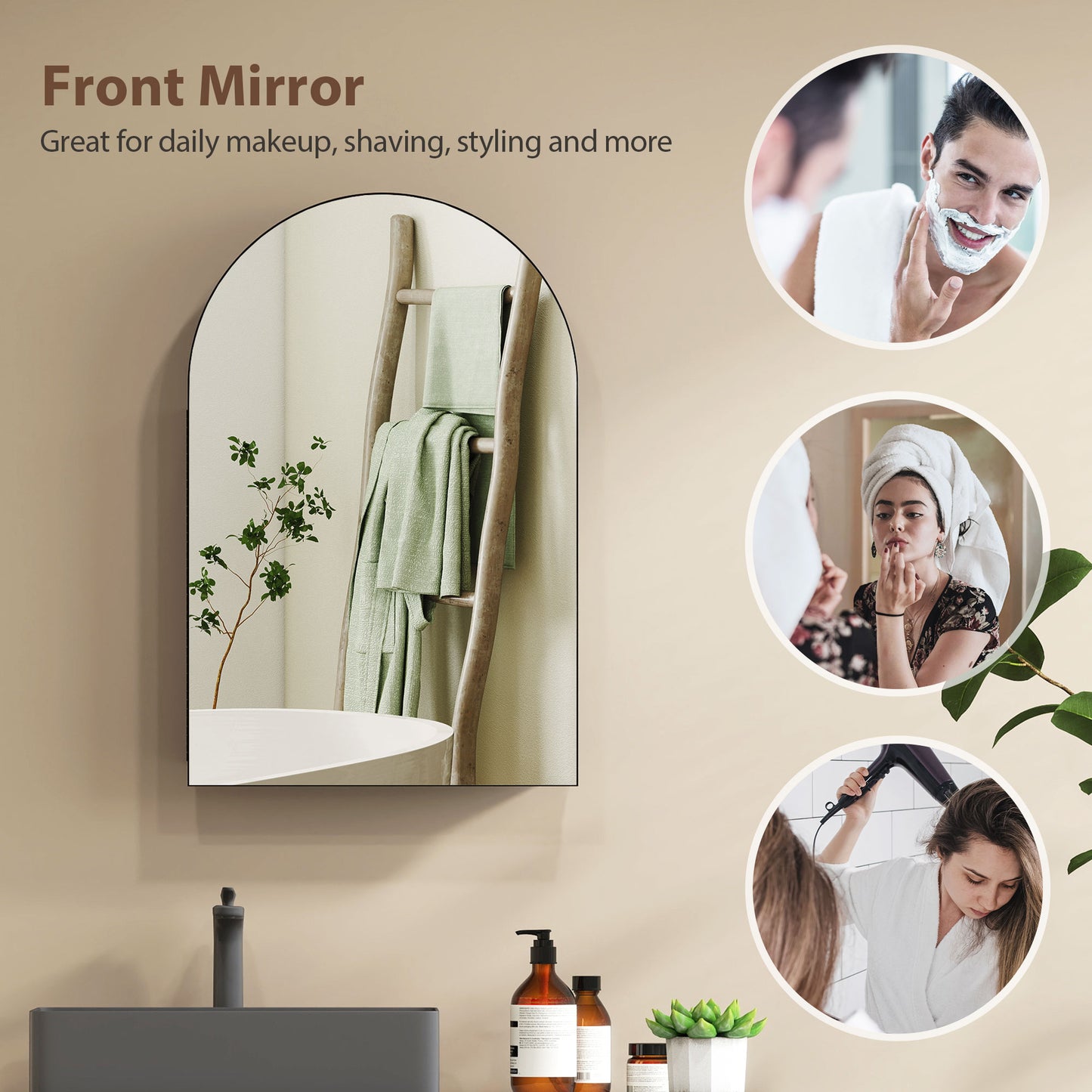 Bathroom Mirror Cabinet with Mirror, Arched Wall Mounted Bathroom Cabinet with Storage Shelves, Black