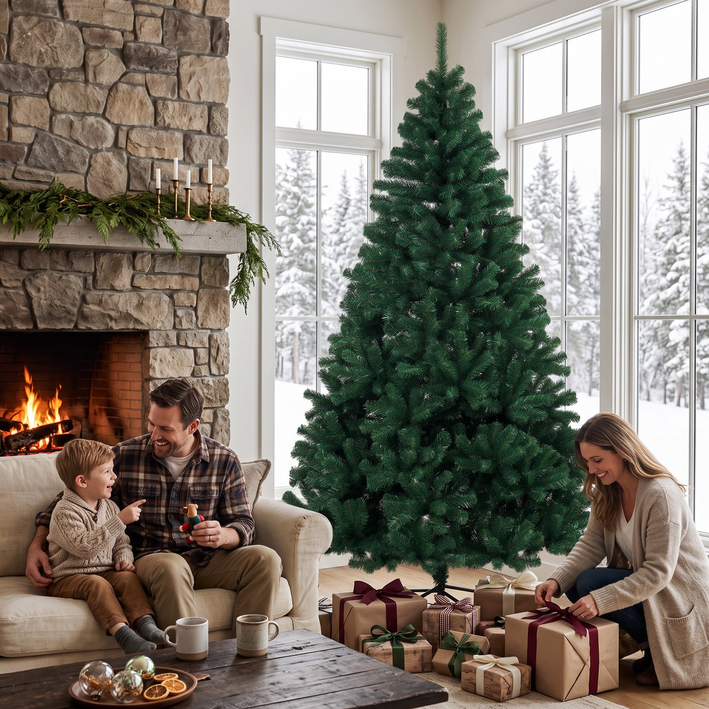 7ft Artificial Christmas Tree, Fir Hinged Xmas Tree with 1100 Branch Tips, Foldable Steel Stand, Green