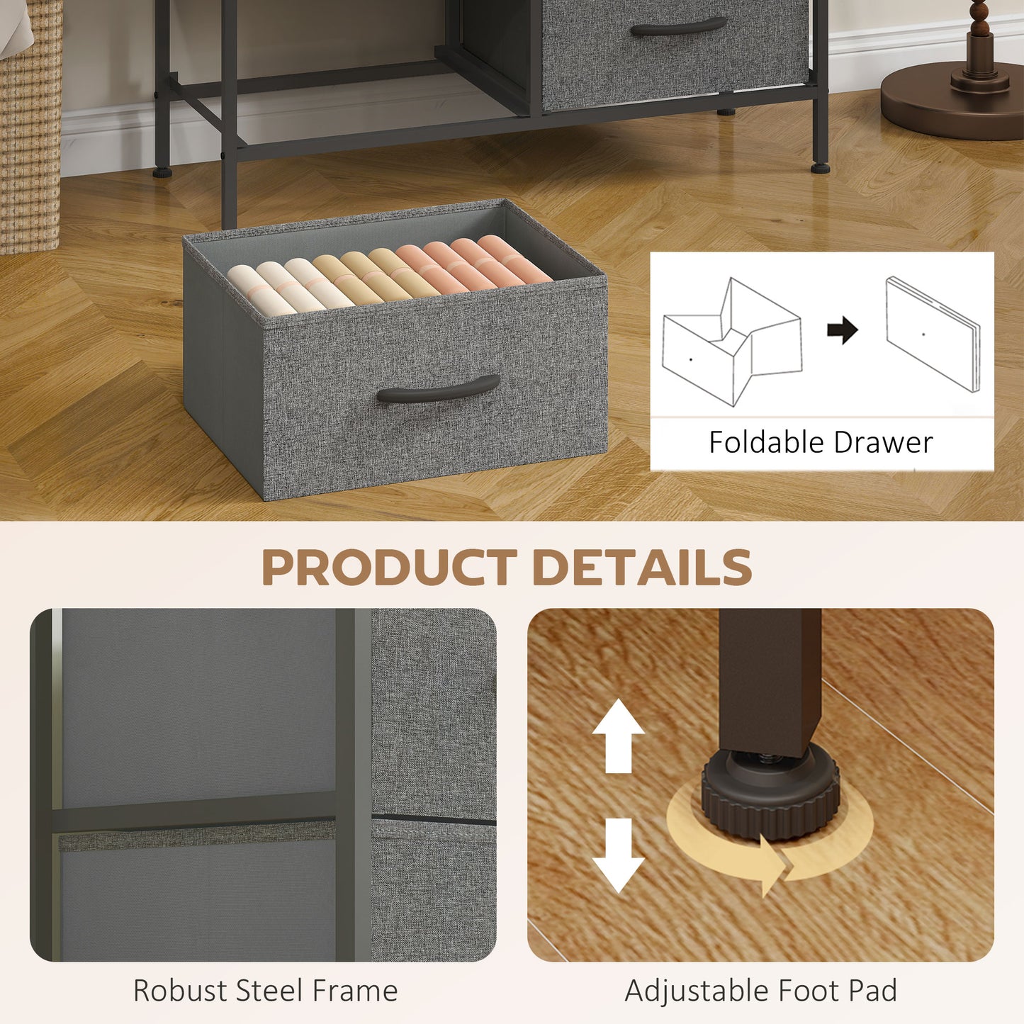 Fabric Chest of Drawers, Industrial Bedroom Dresser with 8 Fabric Drawers, Steel Frame and Wooden Top for Nursery