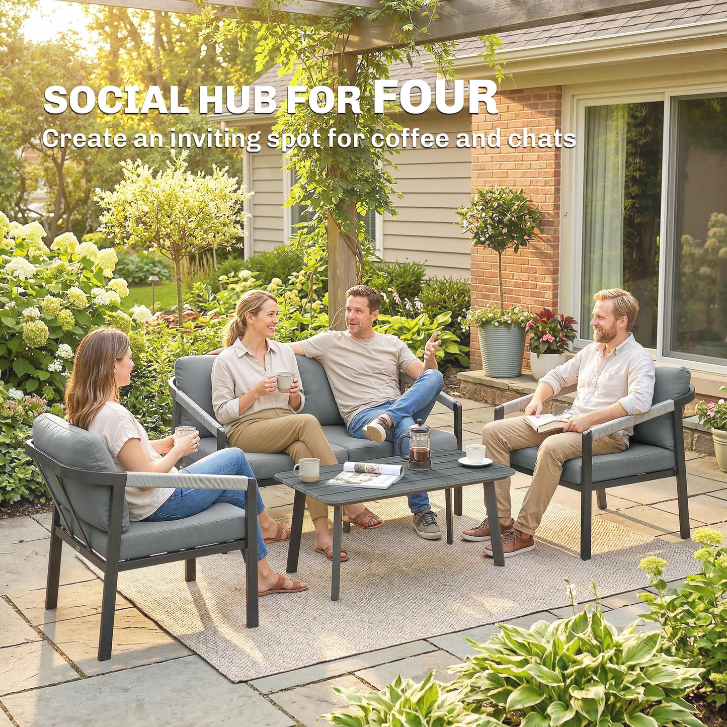 Aluminium Garden Furniture Set, 4 Seater Outdoor Patio Furniture with Loveseat, 2 Armchairs, Slatted Table