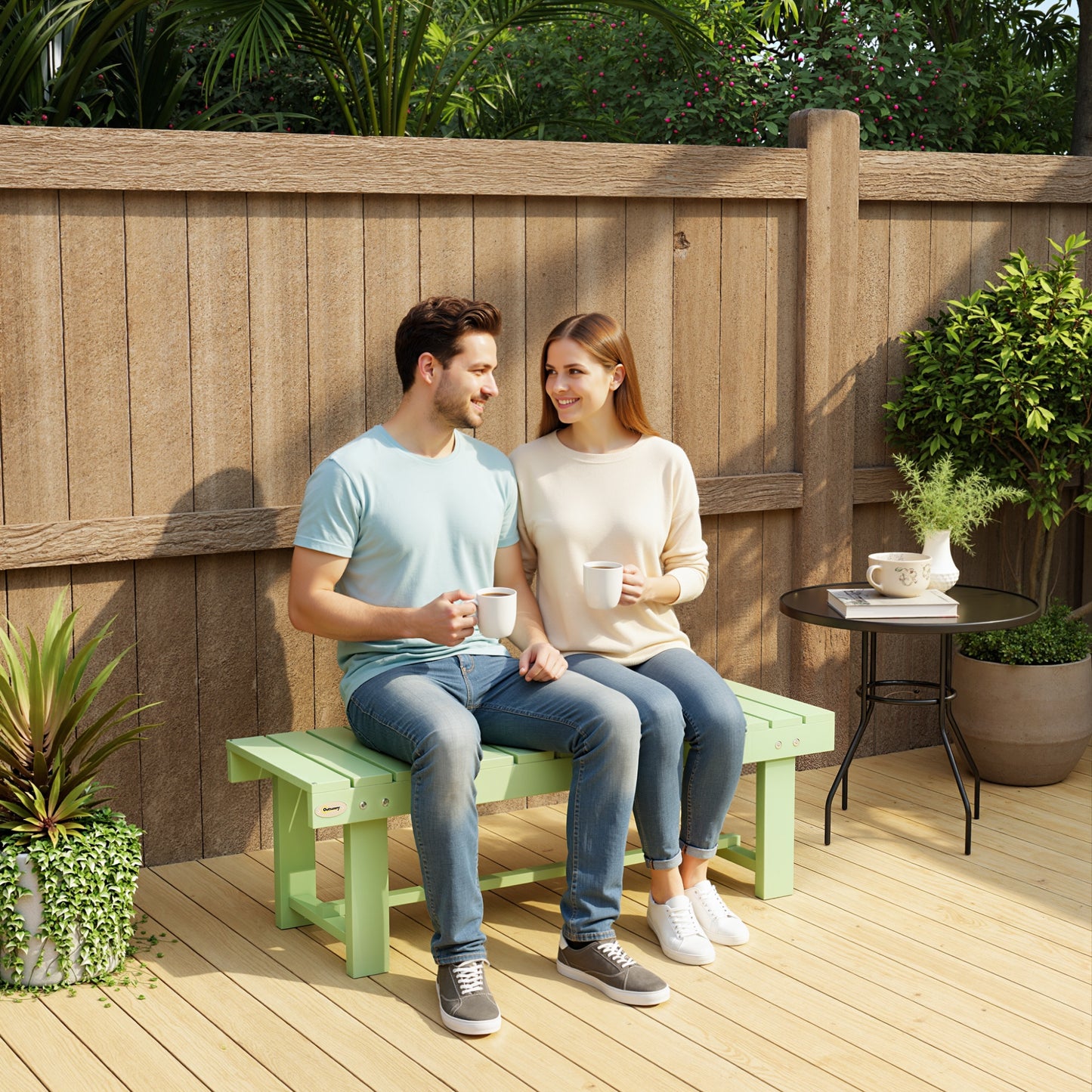 Wooden Garden Bench, Backless Outdoor Loveseat with Slatted Seat, Light Green