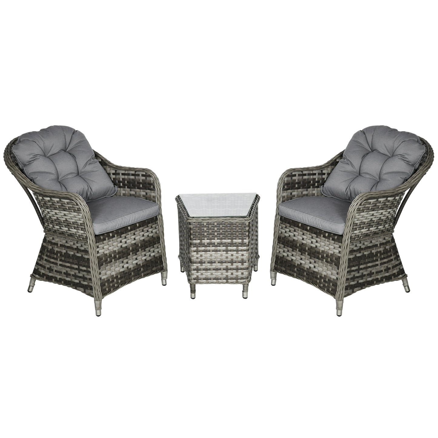 3 Pieces Rattan Bistro Set, Wicker Garden Bistro Set, Glass Top Balcony Table and Chairs with Cushions for Outdoor, Patio