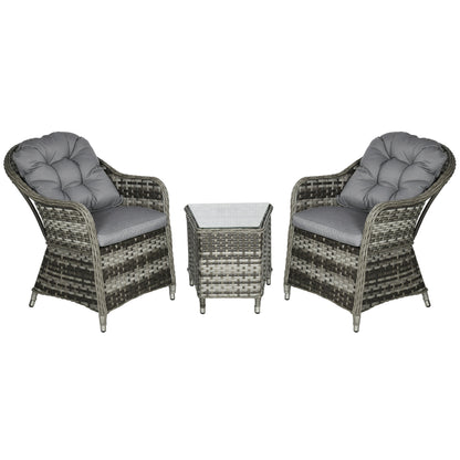 3 Pieces Rattan Bistro Set, Wicker Garden Bistro Set, Glass Top Balcony Table and Chairs with Cushions for Outdoor, Patio