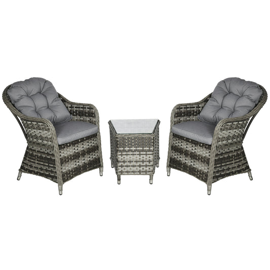 3 Pieces Rattan Bistro Set, Wicker Garden Bistro Set, Glass Top Balcony Table and Chairs with Cushions for Outdoor, Patio