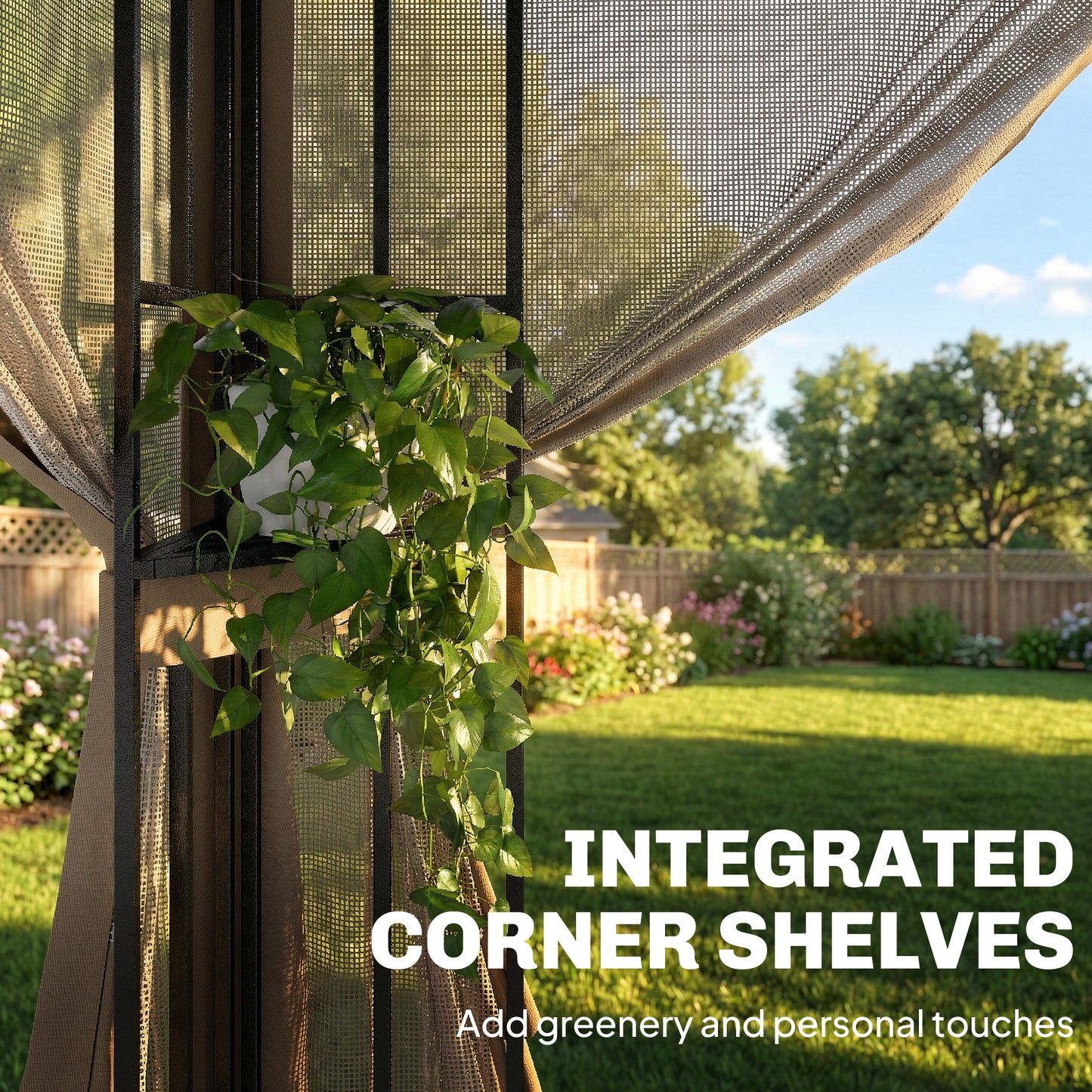 3 x 3.6 m Outdoor Garden Gazebo with Post Shelves, UPF50+ Patio Permanent Pavilion with Hook, Khaki