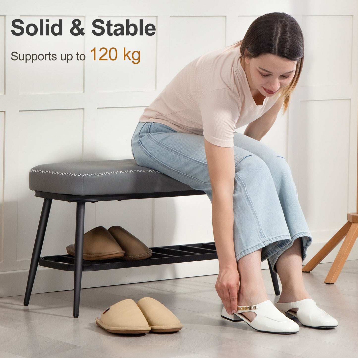 PU Leather Shoe Storage Bench - Grey