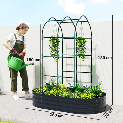 Galvanised Raised Garden Bed with Arched Trellis, 5 x 3 x 6ft Metal Raised Bed for Garden with Open Bottom, Dark Grey