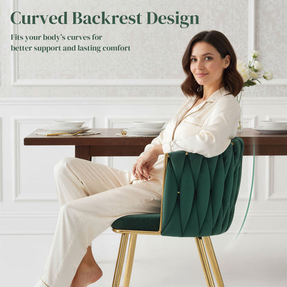 Velvet-Feel Dining Chairs Set of 2, Modern Upholstered Armchair with Knot Design and Golden Metal Legs