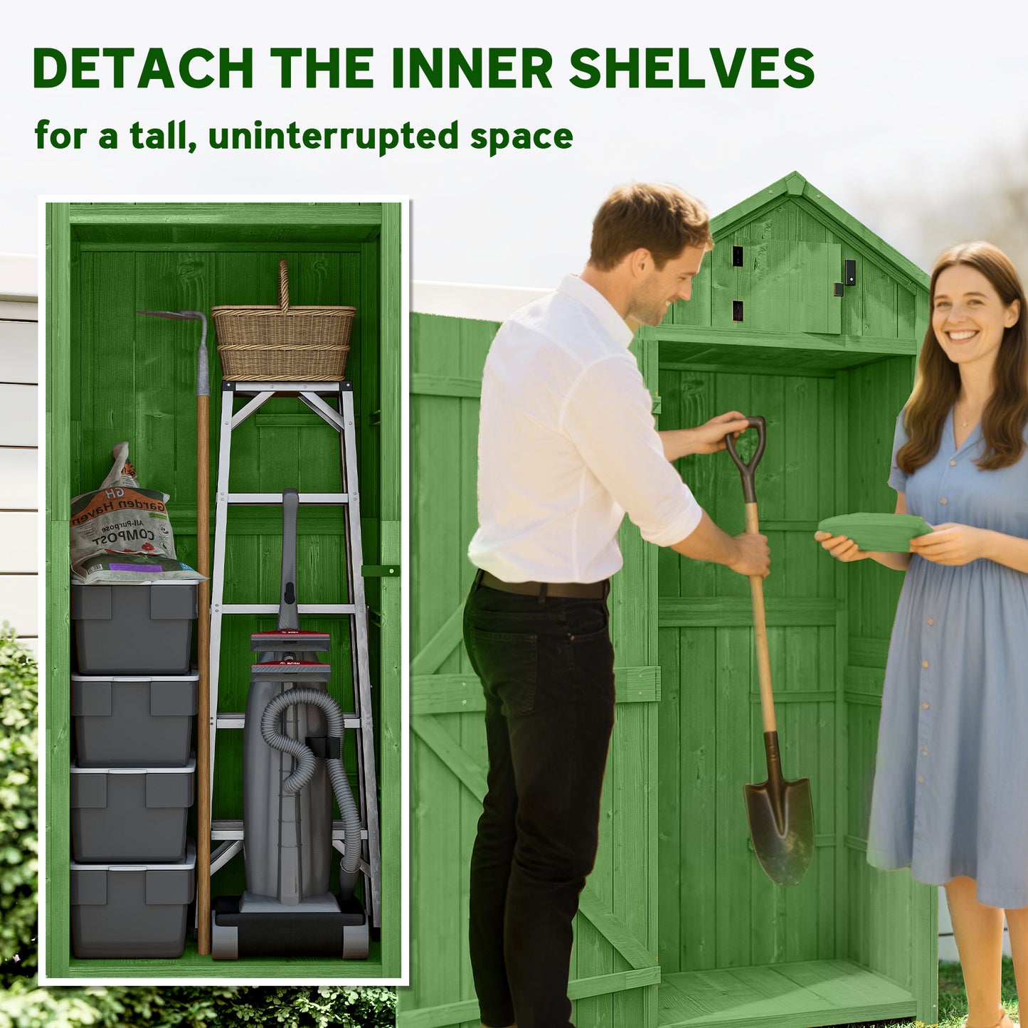 Small Shed, Tall Slim Wooden Garden Shed with 3 Removable Shelves and Roof Hatch