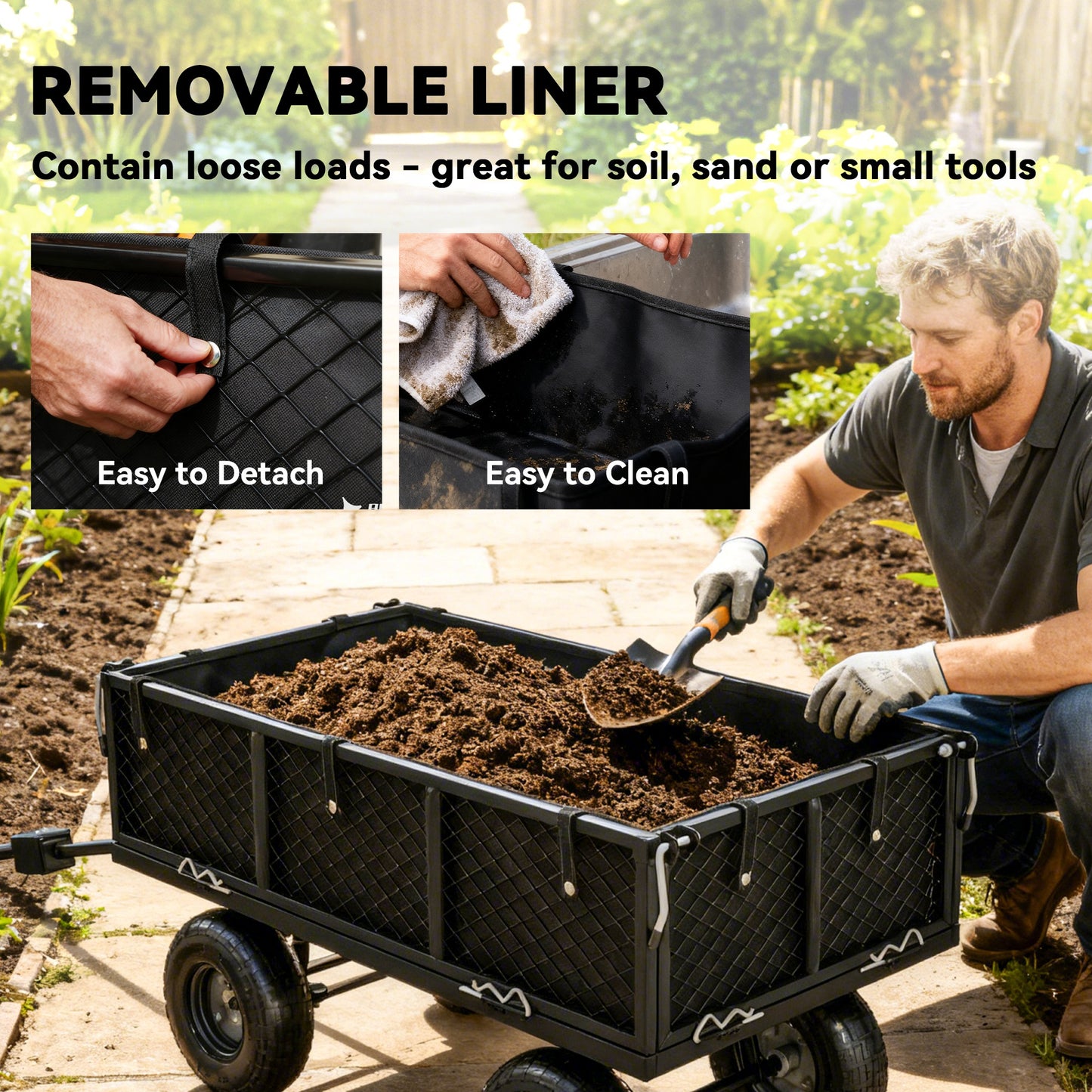114L Steel Frame Garden Cart Trolley - Black