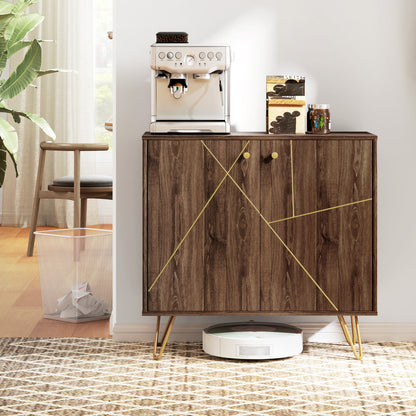 Sideboard Storage Cabinet with Golden Lines, Modern Luxury Living Room Cabinet with Adjustable Shelf, Steel Harpin Legs