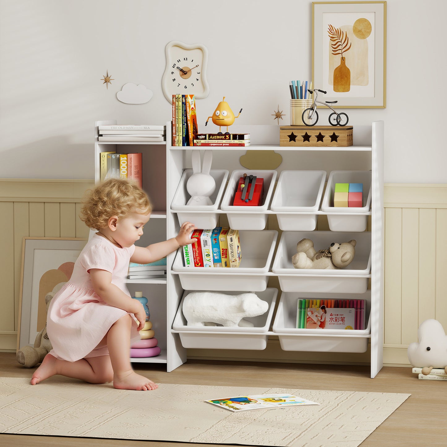 Toy Storage Unit with 8 Removable Bins, Storage Shelves, Cabinet, White