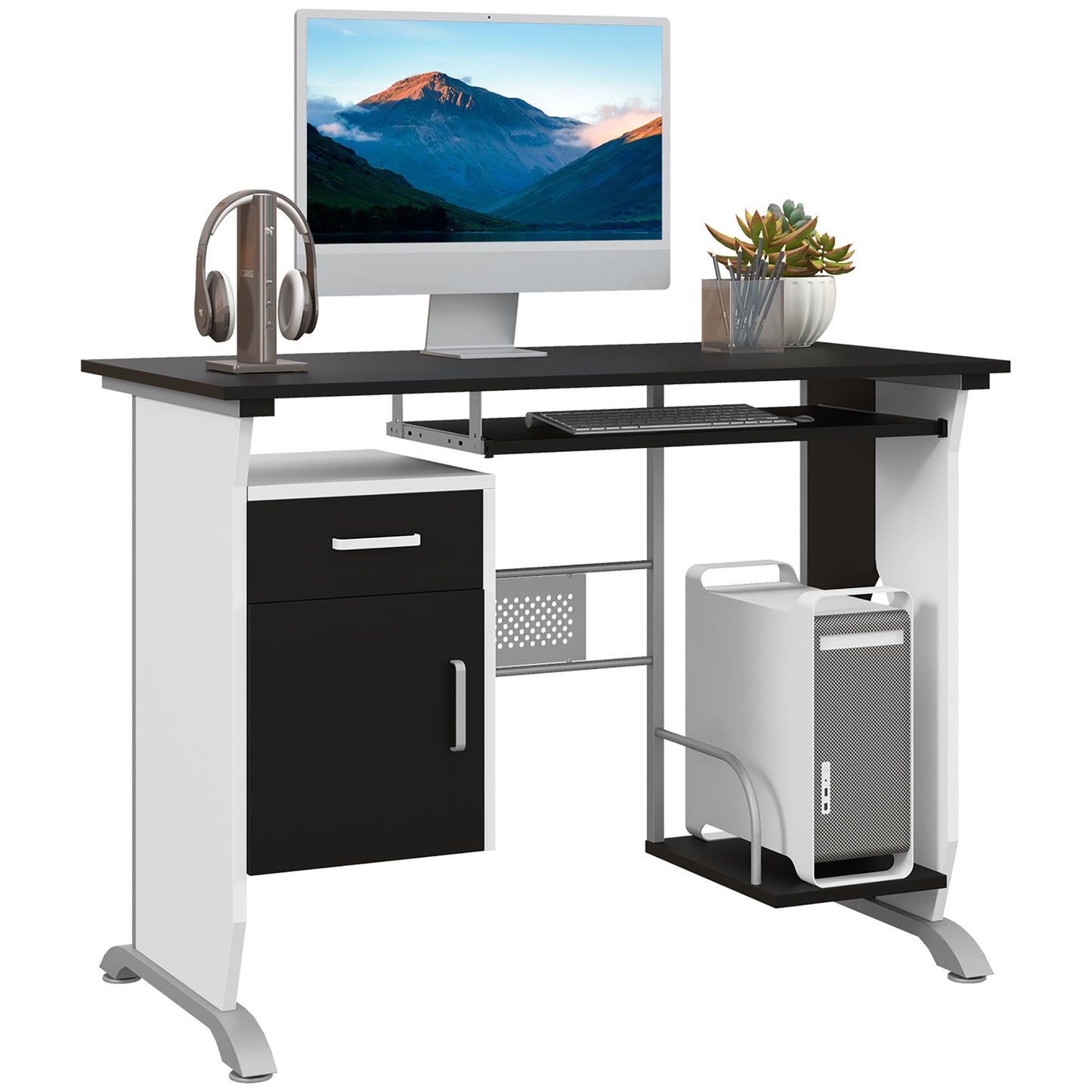 Computer Desk with Sliding Keyboard Tray, Storage Drawers and Host Box Shelf, Home Office Desk, Study Workstation
