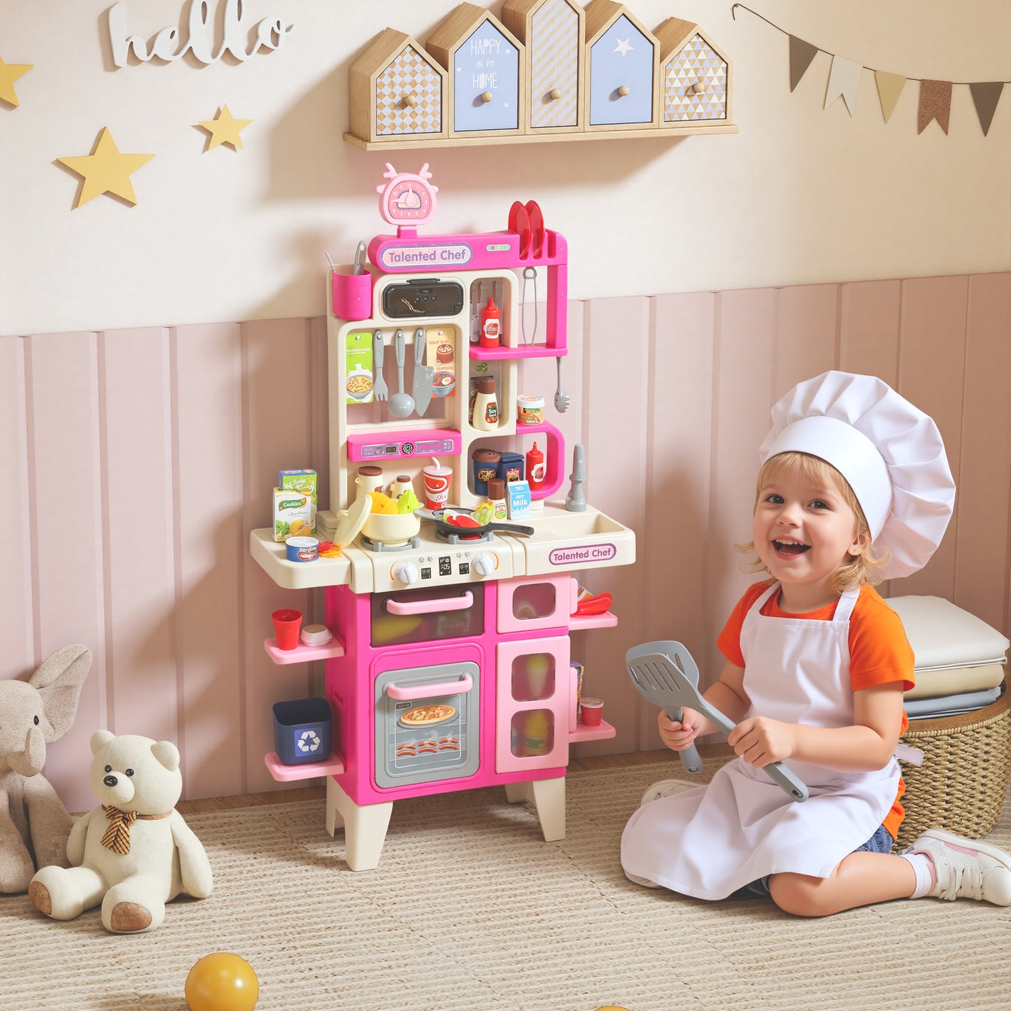 Pretend Play Kitchen Set with Realistic Lights & Sounds, 104PCS Toy Kitchen Accessories for Boys and Girls, Pink