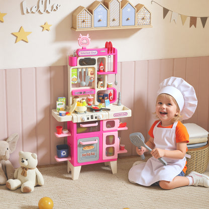 Pretend Play Kitchen Set with Realistic Lights & Sounds, 104PCS Toy Kitchen Accessories for Boys and Girls, Pink