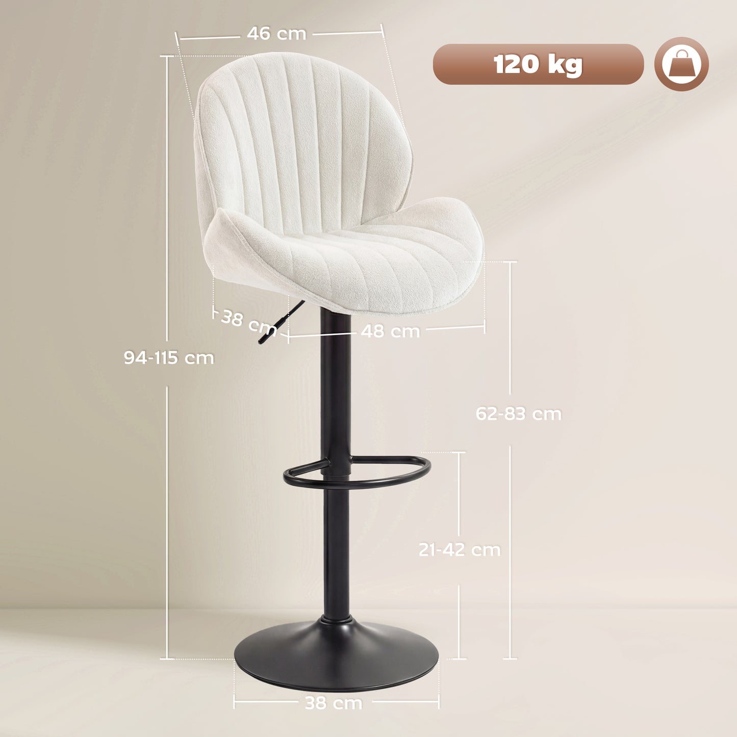 Bar Stools Set of 2, Swivel Barstools with Back, Adjustable Height and Footrest for Kitchen Island, Dining Room, Cream