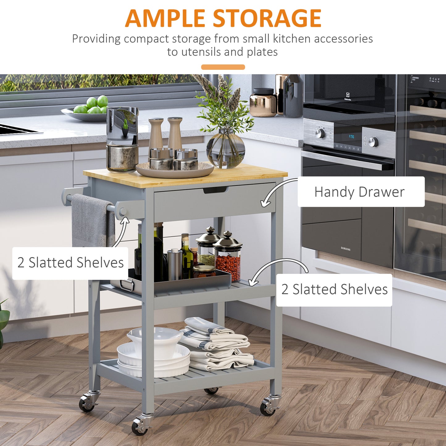 Kitchen Trolley Utility Cart on Wheels with Rubberwood Worktop, Towel Rack, Storage Shelves & Drawer for Dining Room, Grey