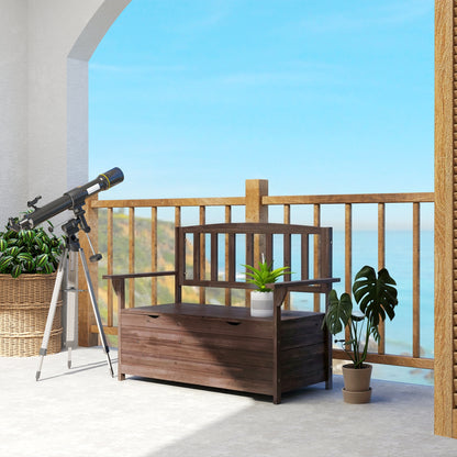 Outdoor 2 Seater Garden Bench, Wooden Bench with Storage, Backrest, Arm Rests, 112 x 84 x 58 cm, Brown