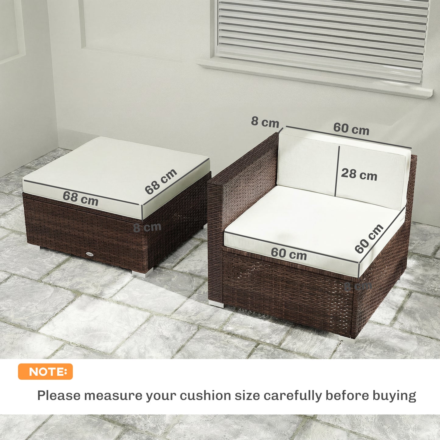 7-Piece Patio Furniture Cushions, Outdoor Loveseat Cushion with Removable Covers for Rattan Furniture, 60x60 cm, Cream