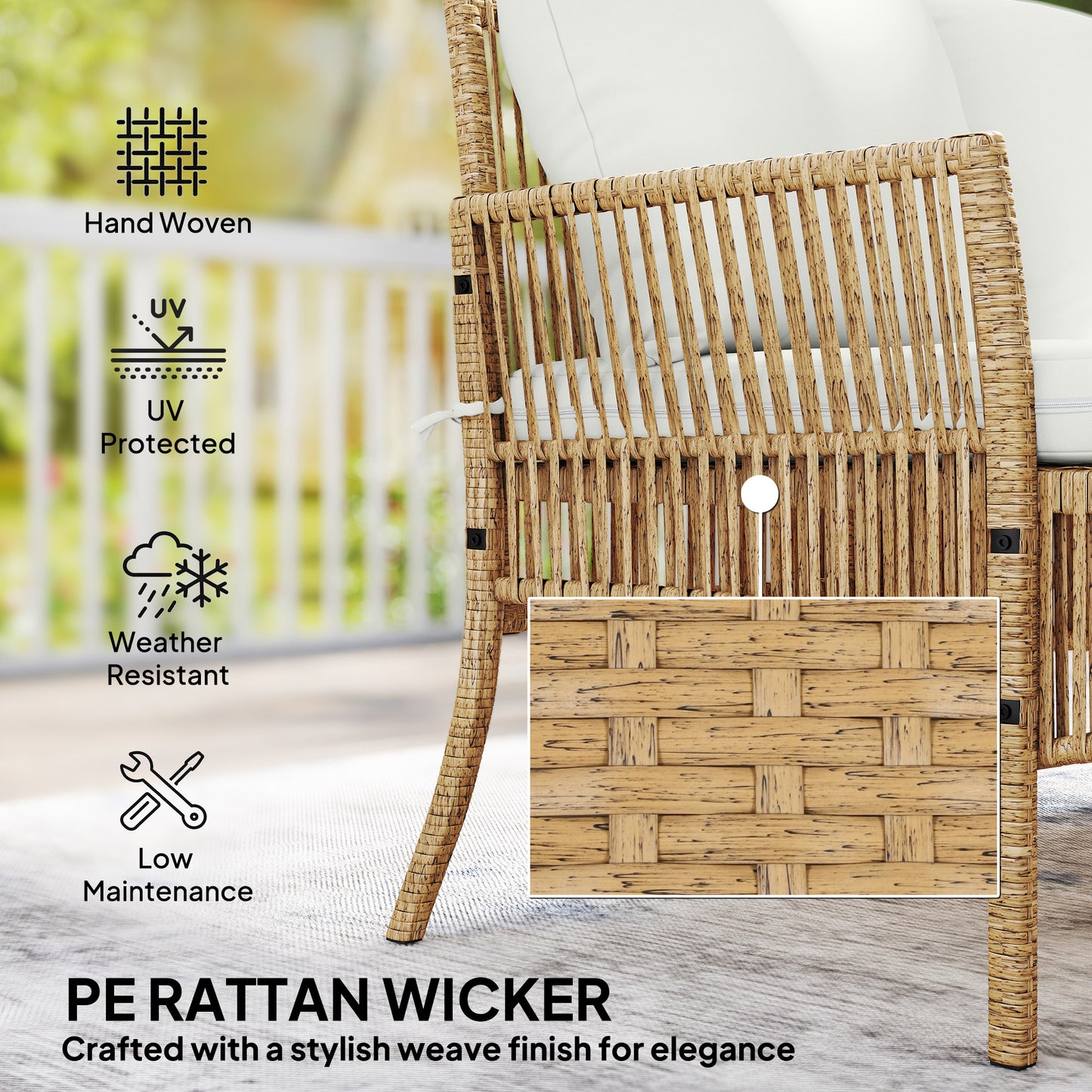 3 Piece Rattan Garden Furniture Corner Sofa Set with Chaise Lounge, Loveseat, Glass Coffee Table, Cushions, Natural Wood