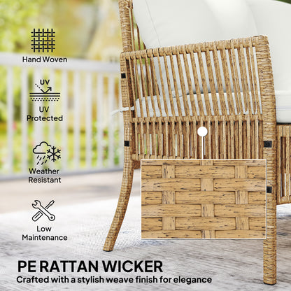 3 Piece Rattan Garden Furniture Corner Sofa Set with Chaise Lounge, Loveseat, Glass Coffee Table, Cushions, Natural Wood