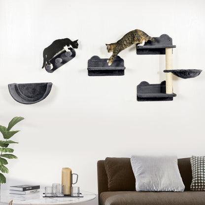 4PCs Wall-Mounted Cat Shelves w/ Scratching Post, Hammock, Nest - Dark Grey