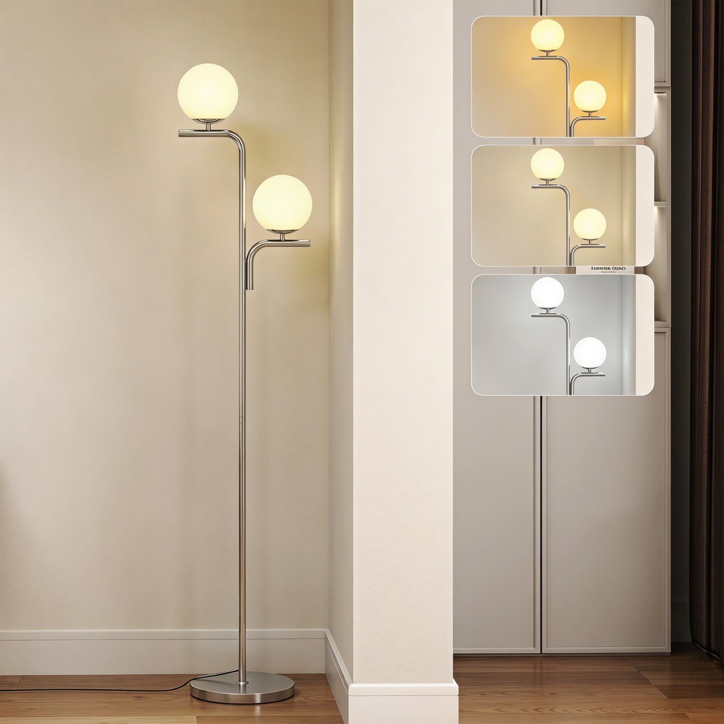 LED Floor Lamp, Modern Standing Lamp with 3 Colour Temperatures, Globe Glass Shades and Foot Switch, Silver Tone