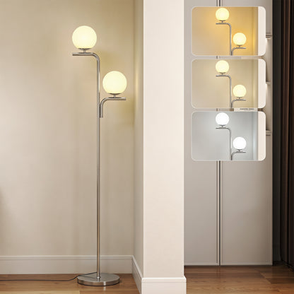 LED Floor Lamp, Modern Standing Lamp with 3 Colour Temperatures, Globe Glass Shades and Foot Switch, Silver Tone