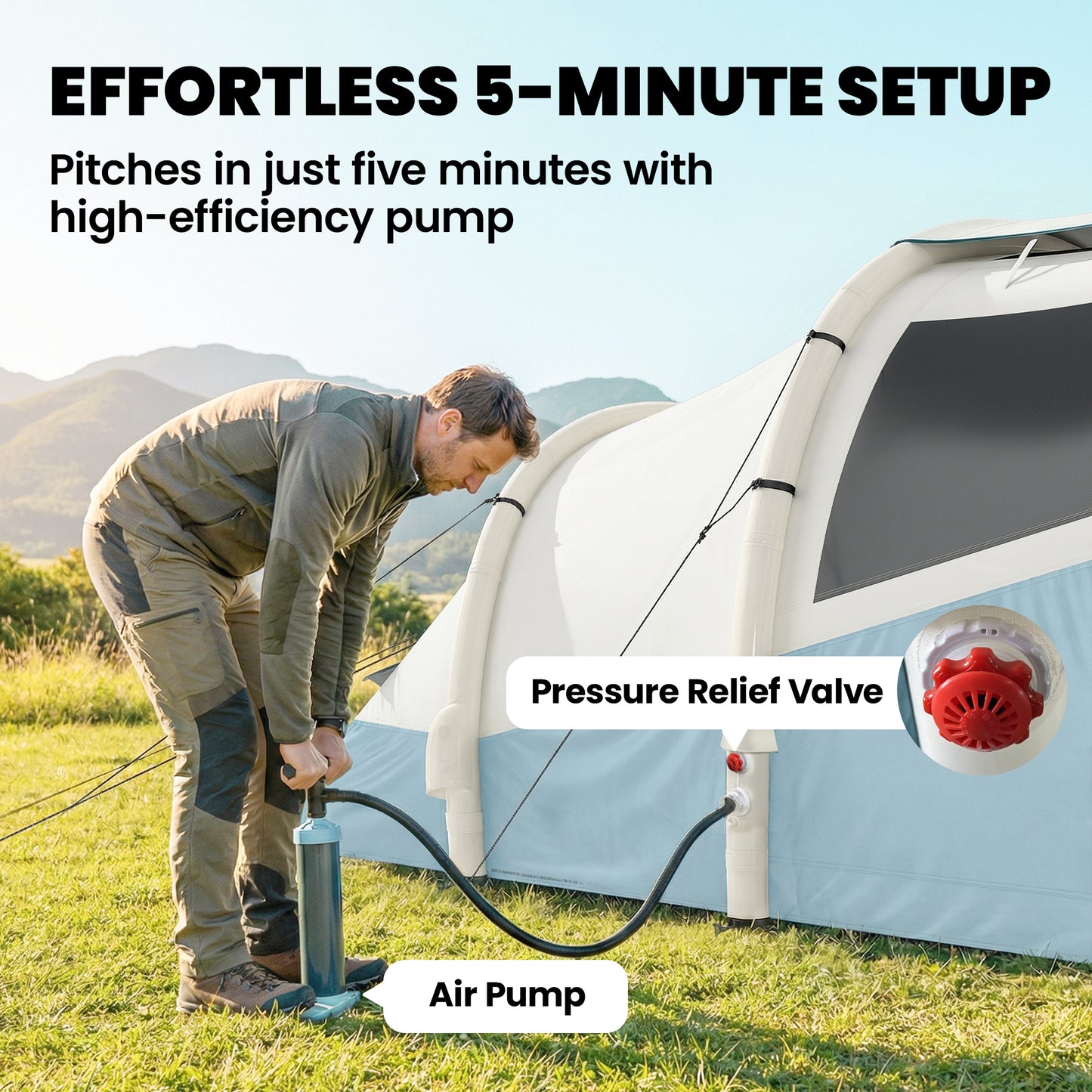 Inflatable Camping Tent w/ Air Pump, Easy Setup 2-3 Person Blow Up Tent, Light Blue