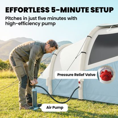 Inflatable Camping Tent w/ Air Pump, Easy Setup 2-3 Person Blow Up Tent, Light Blue