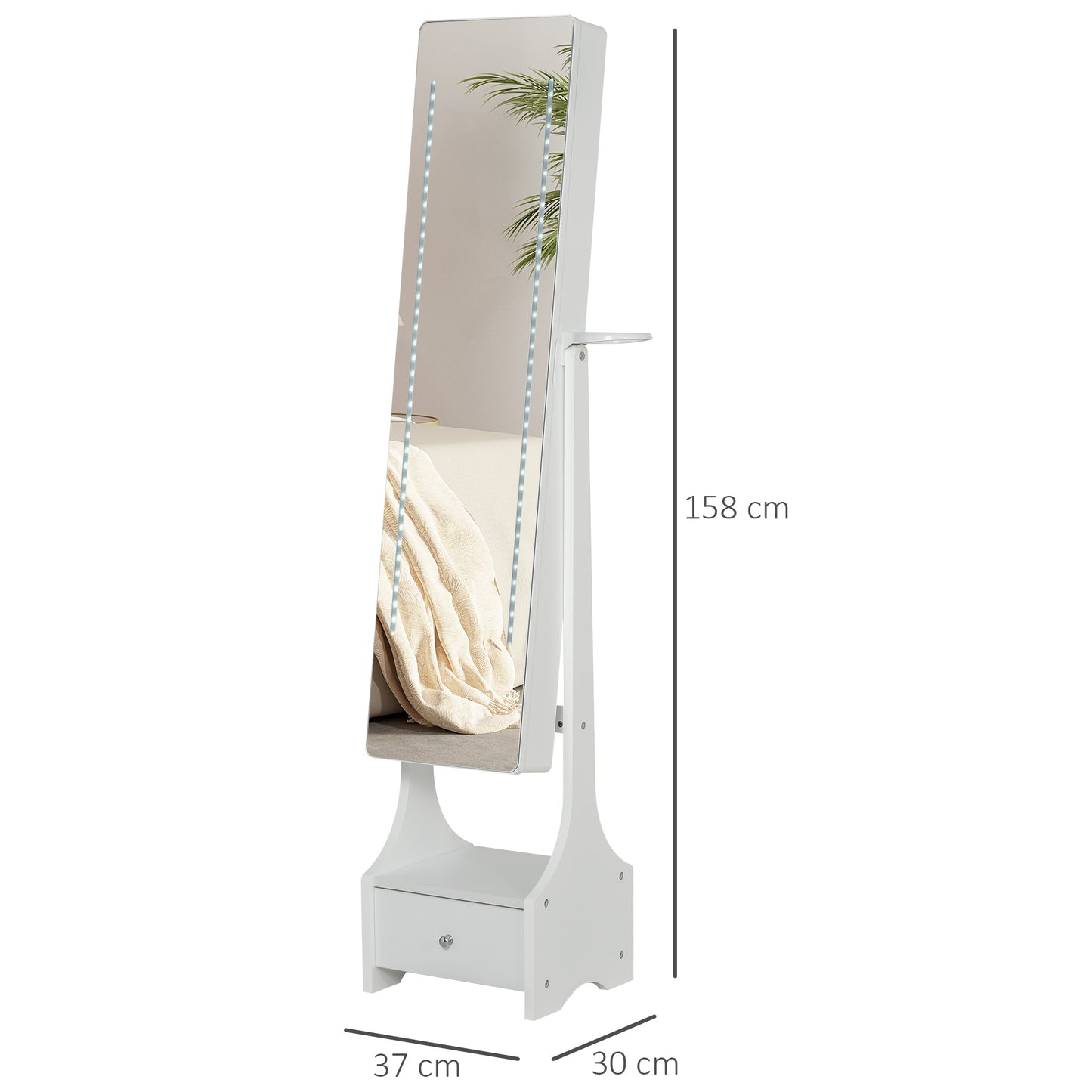 Jewellery Cabinet, Full Length Mirror with Storage, Free Standing Mirror with LED Lights, Hooks