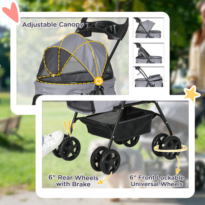 Dog Pram Dog Stroller Foldable Pet Pushchair with 4 Wheels, Safety Leashes, Cup Holder for Small Dogs, Grey