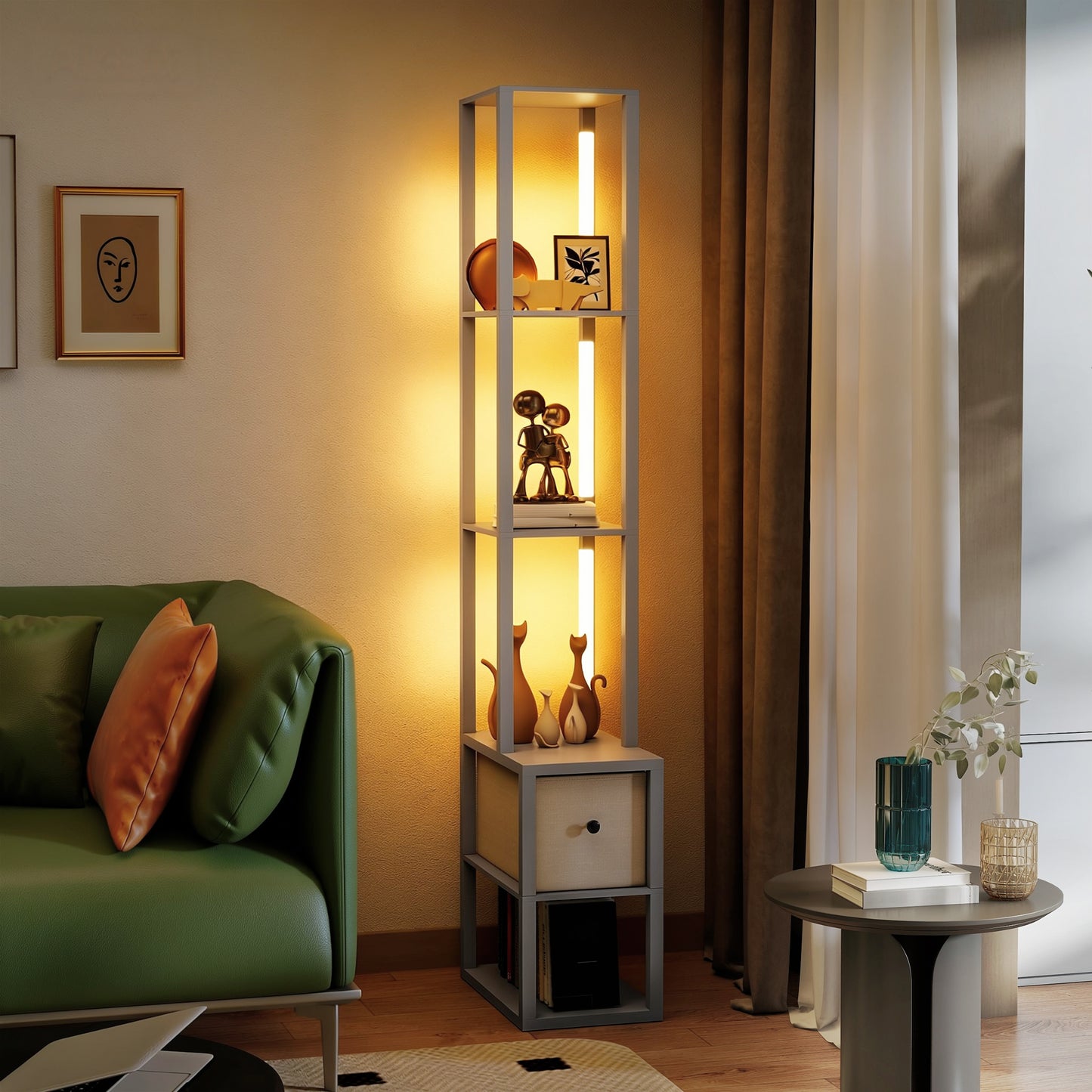 Floor Lamp with Shelves, LED Column Modern Standing Lamp with Fabric Drawer, Adjustable Brightness