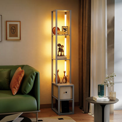 Floor Lamp with Shelves, LED Column Modern Standing Lamp with Fabric Drawer, Adjustable Brightness
