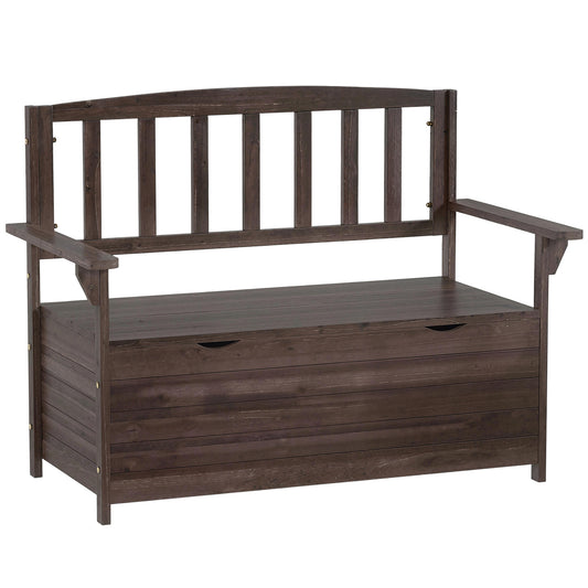 Outdoor 2 Seater Garden Bench, Wooden Bench with Storage, Backrest, Arm Rests, 112 x 84 x 58 cm, Brown