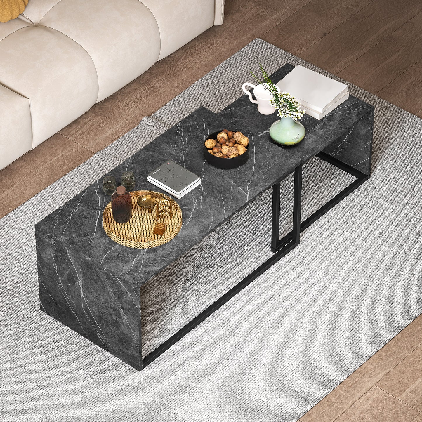 Nesting Coffee Table Set of 2, Industrial Stacking Side End Tables with Metal Frame for Living Room, Bedroom