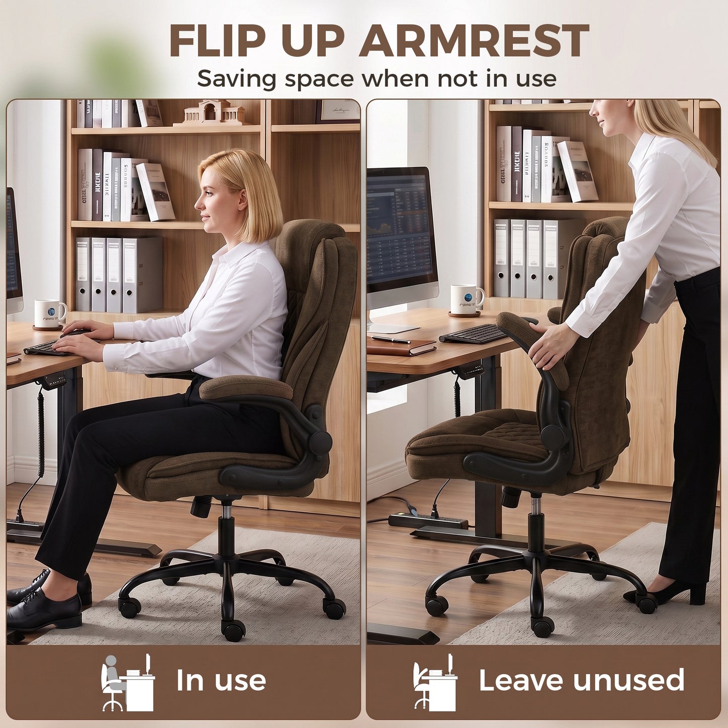 Office Chair, Ergonomic Desk Chair with Flip-up Armrest, Pocket Springs, Swivel Wheels, Adjustable Height, Brown