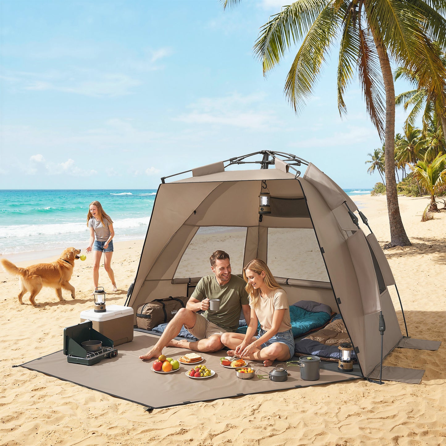 2-3 Person Pop Up Beach Tent, UPF15+ Sun Shelter with Extended Floor, Sandbags, Mesh Windows and Carry Bag, Brown