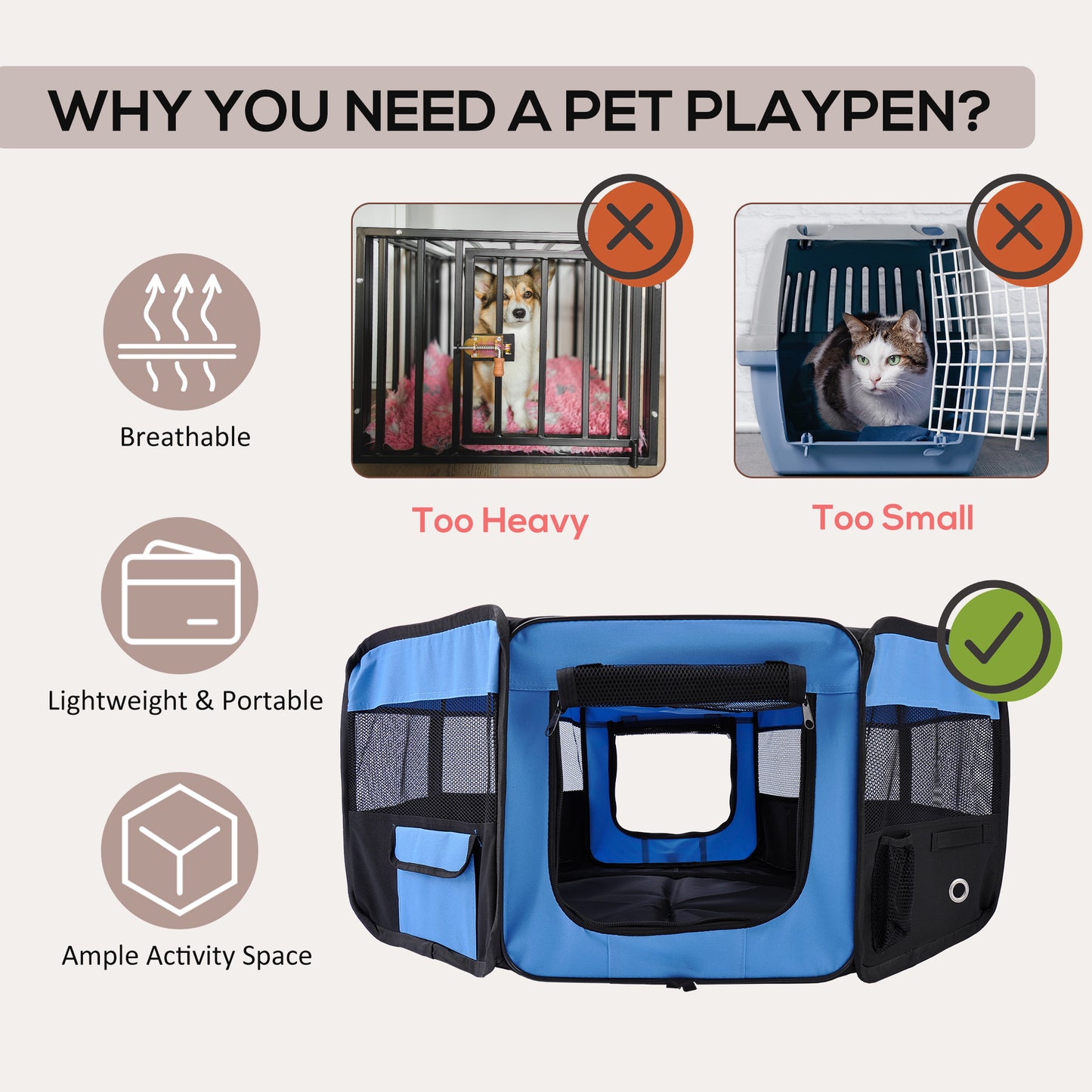 600D Oxford Soft Fabric Kennel, Portable Lightweight Cat Dog Playpen