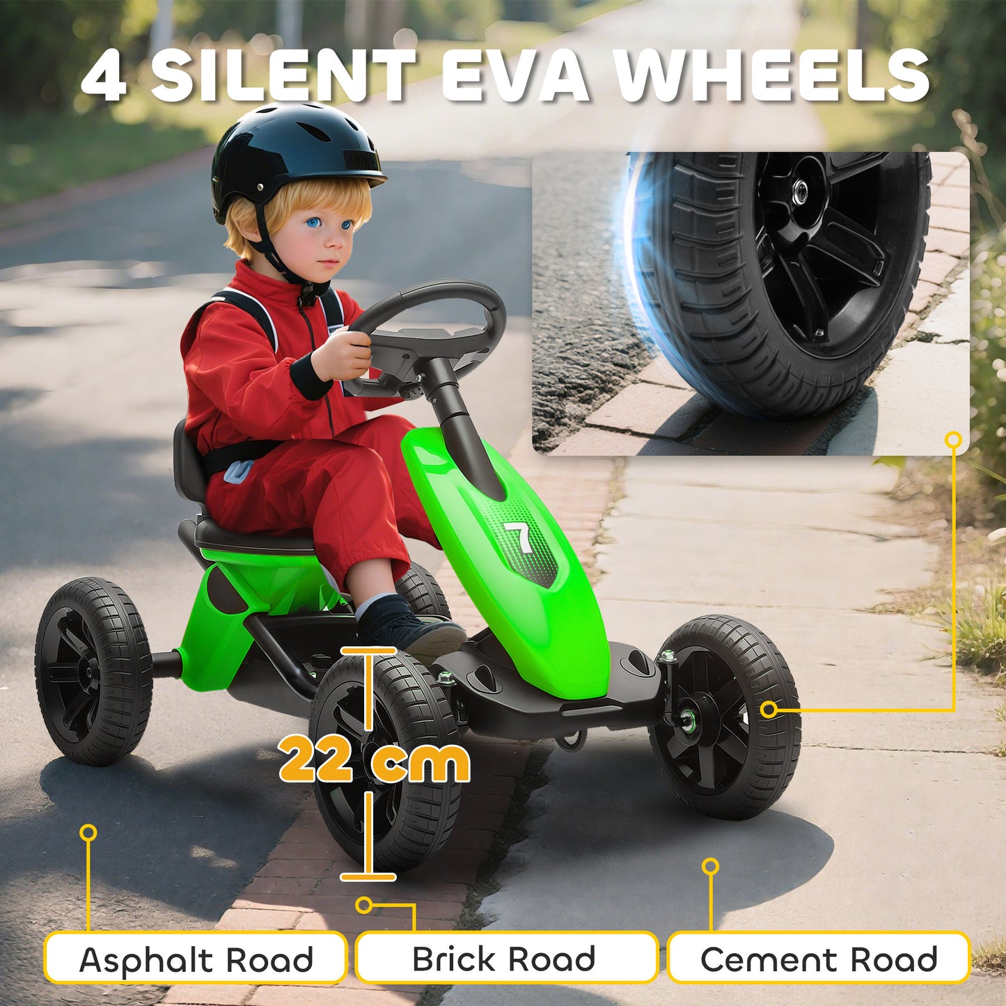Pedal Go Kart for Kids 2-5 Years, with Silent EVA Wheels, Metal Frame, Green