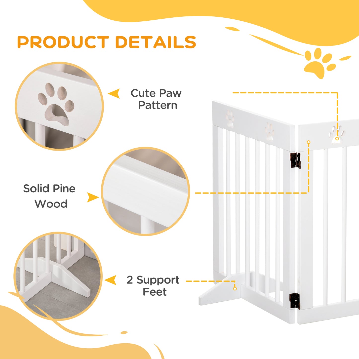 Freestanding Pet Gate 4 Panel Wooden Dog Barrier Folding Safety Fence with Support Feet up to 204cm Long 61cm Tall for Doorwa